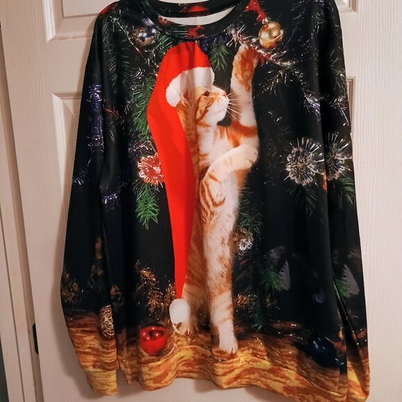 Unisex Long Sleeve Christmas Shirt, Large, Orange Cat, New - Picture 2 of 3